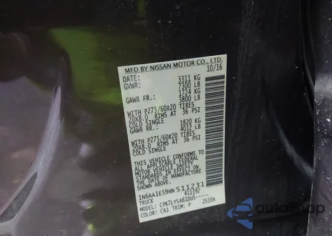 2017 Nissan Titan Platinum Reserve z USA, uszkodzony, nr VIN 1N6AA1E59HN511231